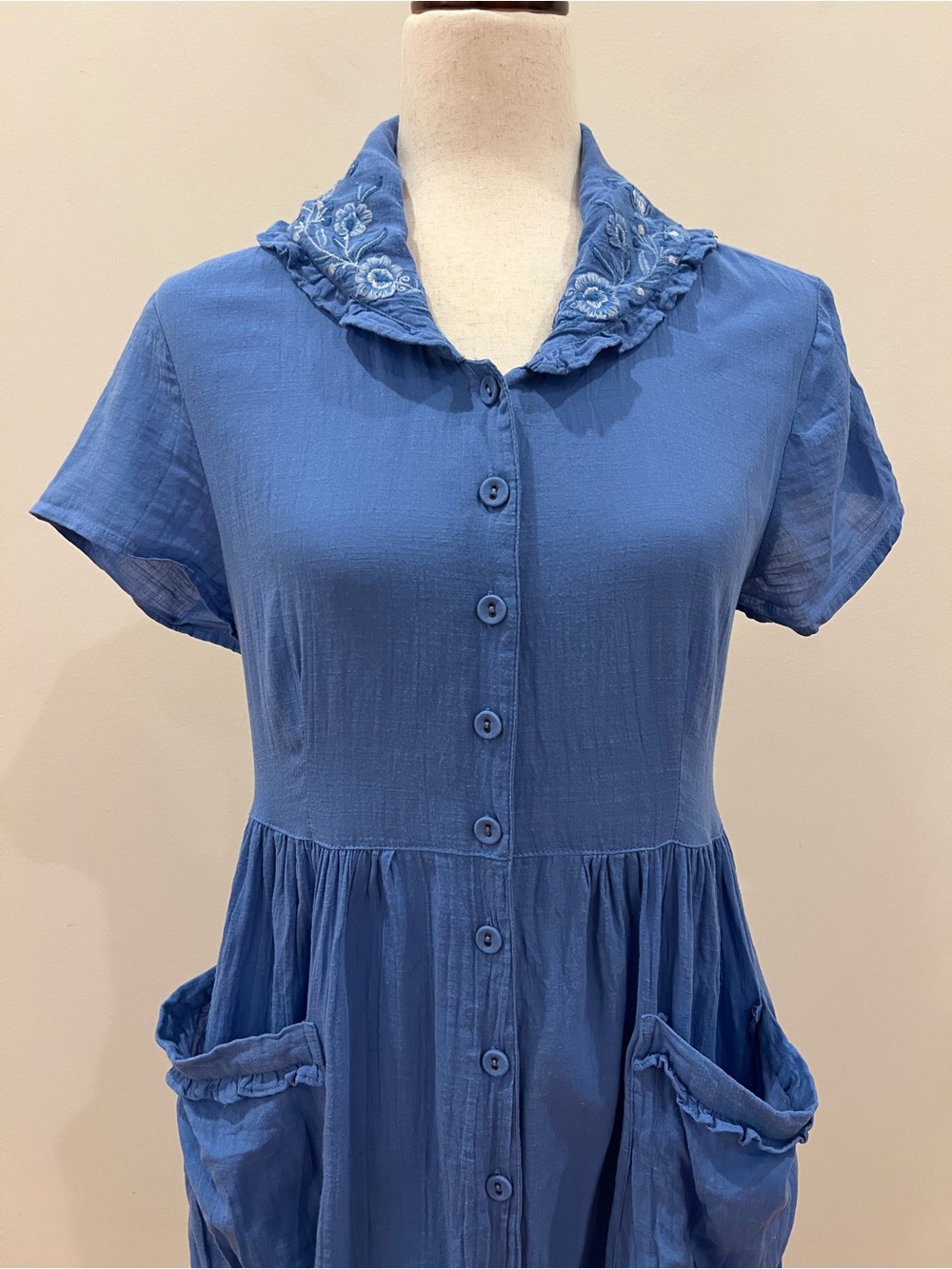 April Cornell Modern Prairie Dress Medium Blue Embroidered Button Front Cottage - Picture 3 of 14